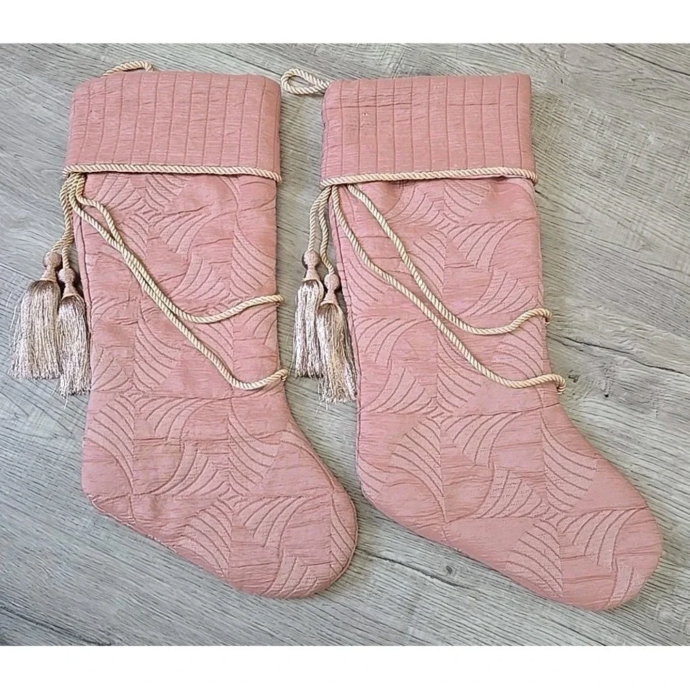 Set‎ Of 2 Christmas Quilted Stockings PINK Quilt with Tassel Rope